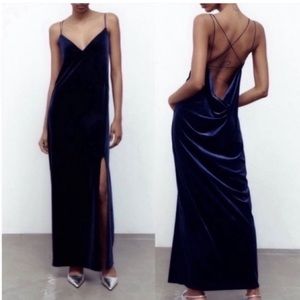 NWT ZARA Backless Navy Velvet Lingerie-Style Open Leg Crisscross Straps Dress